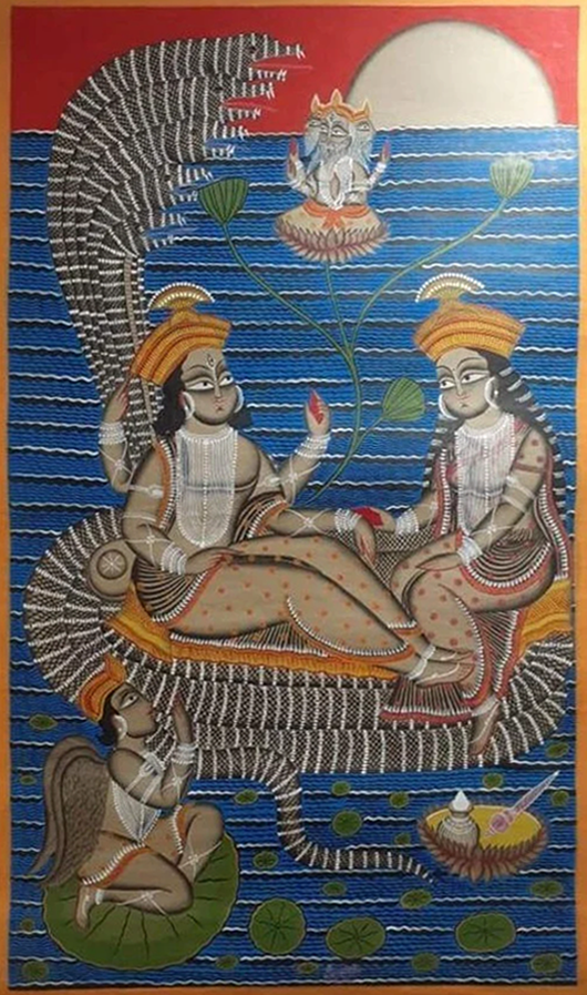 Opulence of Narayana and Lakshmi :Bengal Pattachitra painting by Manoranjan Chitrakar Thumbnail