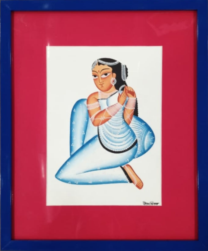 Nayika (Heroine) Playfully Adjusting her luscious Hair in Kalighat by Uttam Chitrakar
