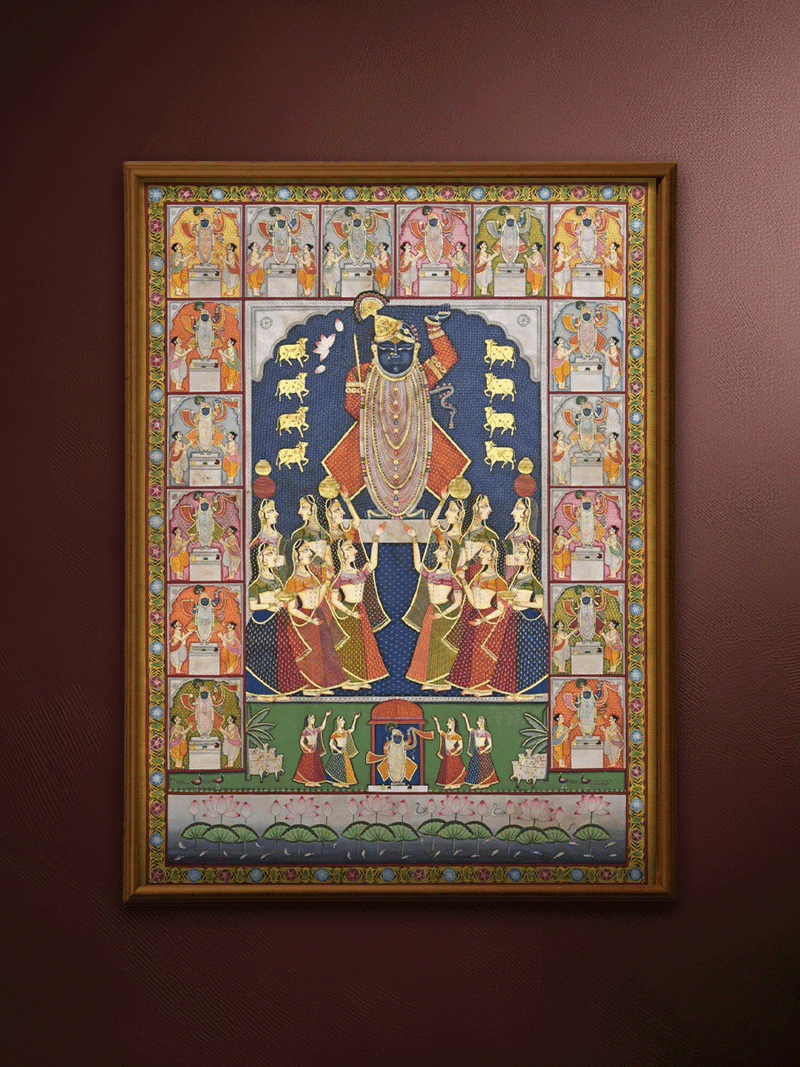 Shrinathji's Divine Assembly: Cows, Gopis and Priests in Pichwai Painting by Shehzaad Ali Sherani