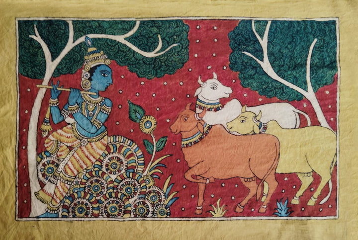 Krishna with Cows Kalamkari Painting by Siva Reddy Thumbnail