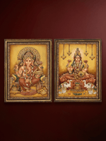 Wisdom And Wealth: Lord Ganesha and Goddess Gajalakshmi in Stone Dust Painting by Amita Sachdeva