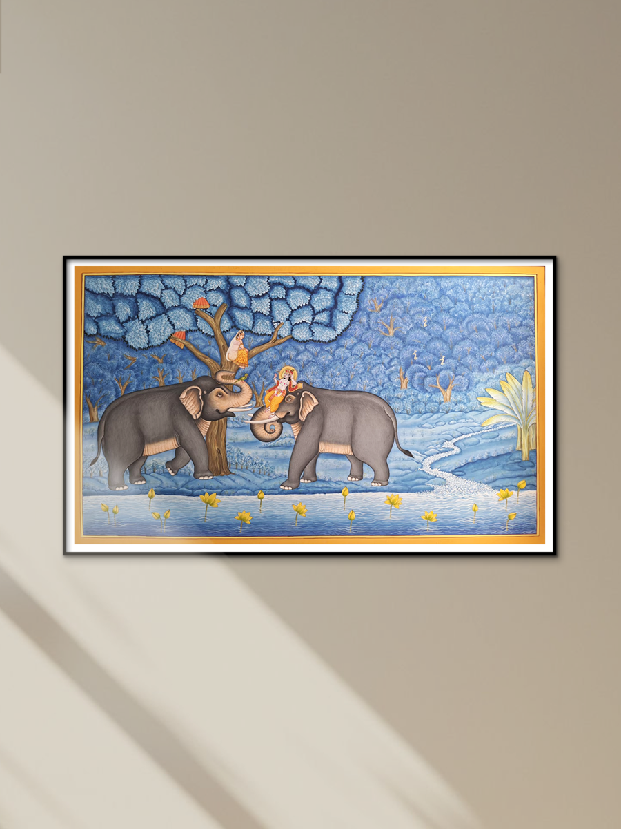 Lord Krishna with elephants: Pichwai by Shehzaad Ali Sherani