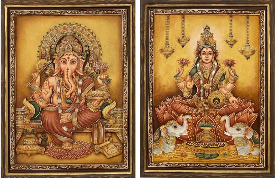 Wisdom And Wealth: Lord Ganesha and Goddess Gajalakshmi in Stone Dust Painting by Amita Sachdeva