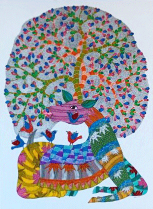 Buy Deer and the Tree in Gond by Sukhiram Maravi