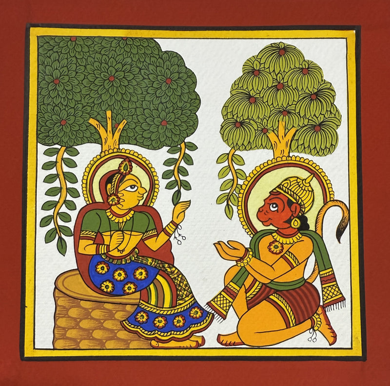The Messenger's Visit: Lord Hanuman and Sita in Phad Painting by Kalyan Joshi