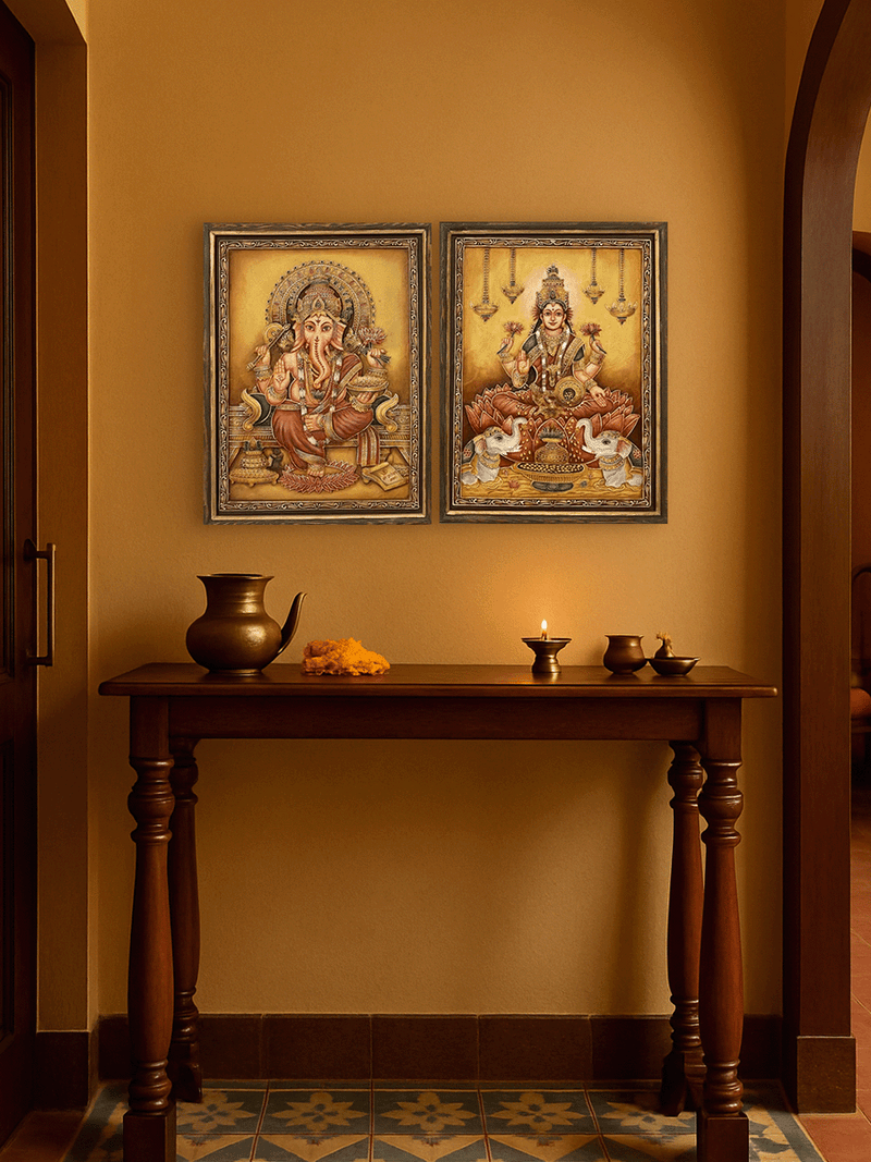 Wisdom And Wealth: Lord Ganesha and Goddess Gajalakshmi in Stone Dust Painting by Amita Sachdeva
