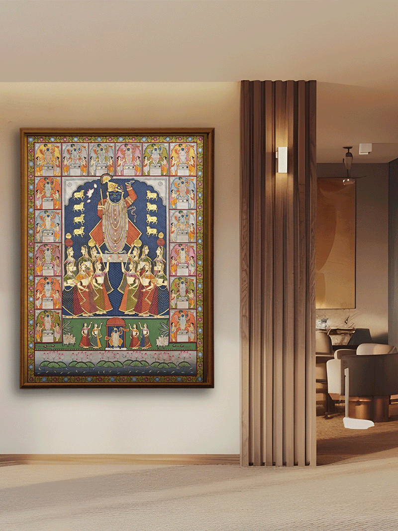 Shrinathji's Divine Assembly: Cows, Gopis and Priests in Pichwai Painting by Shehzaad Ali Sherani