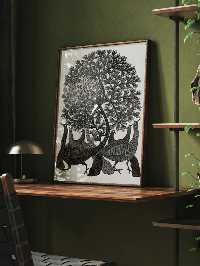Blossoms and Peacocks in Gond by Gareeba Singh Tekam
