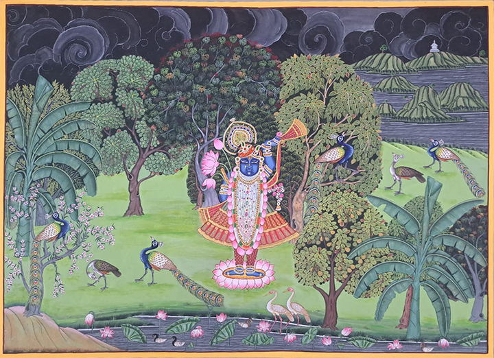 Shrinathji in forest  in Pichwai by Shehzaad Ali Sherani Thumbnail