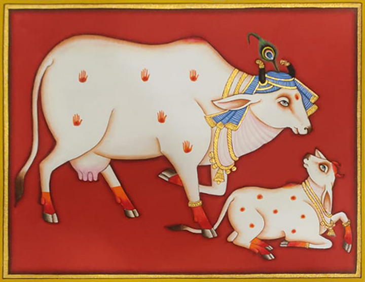 Nature's Display of Motherhood: Kamdhenu and Calf in Pichwai by Dinesh Soni Thumbnail
