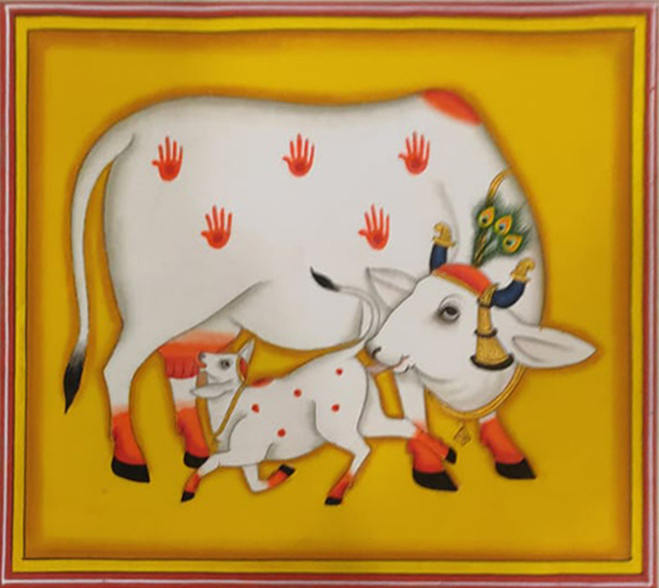 The Motherly Embrace: Kamdhenu with Calf in Pichwai by Dinesh Soni Thumbnail