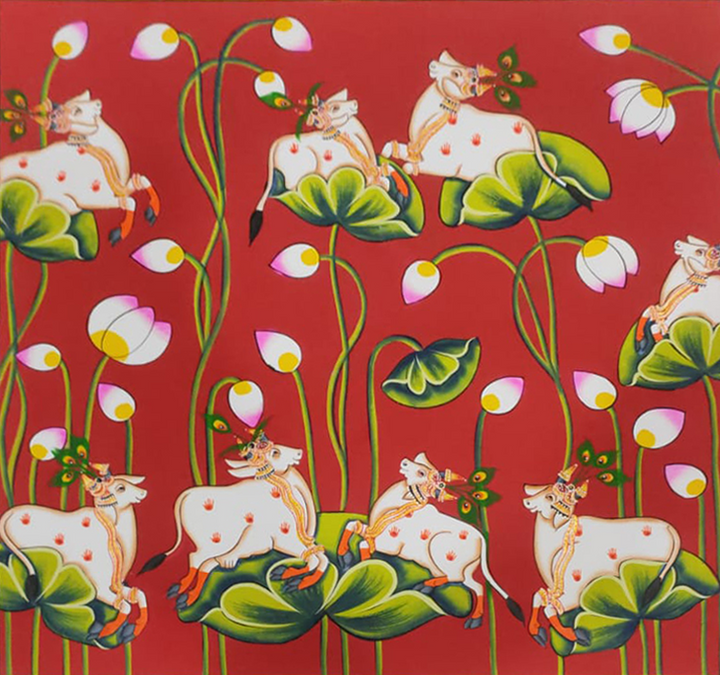 The Graceful Kamdhenu: Seated Cows on Lotuses in Pichwai by Dinesh Soni Thumbnail