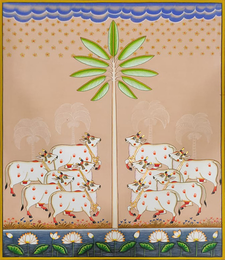 Kamdhenu cows and the Palm tree: Pichwai Painting by Dinesh Soni