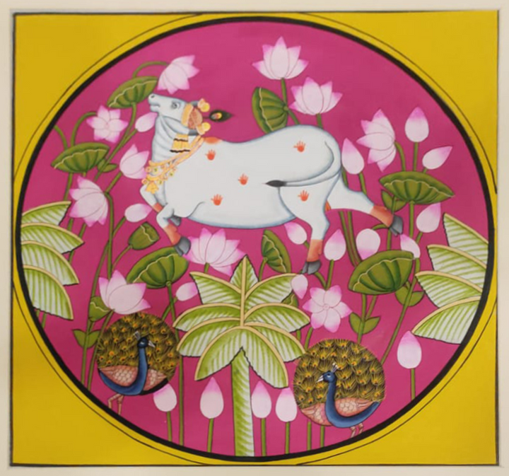 Kamadhenu and Kamal Talai In Pichwai art by Dinesh Soni Thumbnail