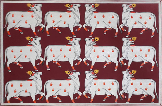 The Cosmic Herd: Twelve Kamdhenus in Pichwai by Dinesh Soni Thumbnail