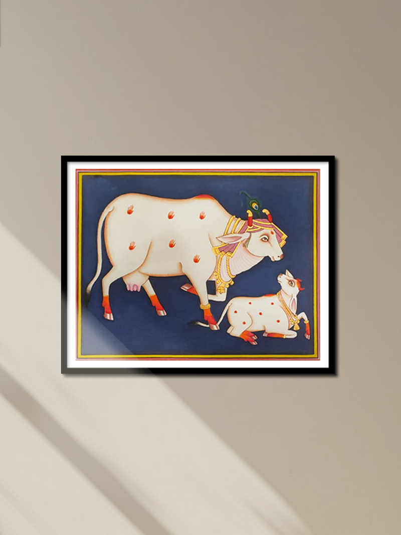 Kamdhenu with a Calf: Pichwai art by Dinesh Soni