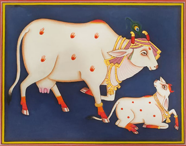 The Divine Adoration: Kamdhenu and Calf in Pichwai by Dinesh Soni Thumbnail