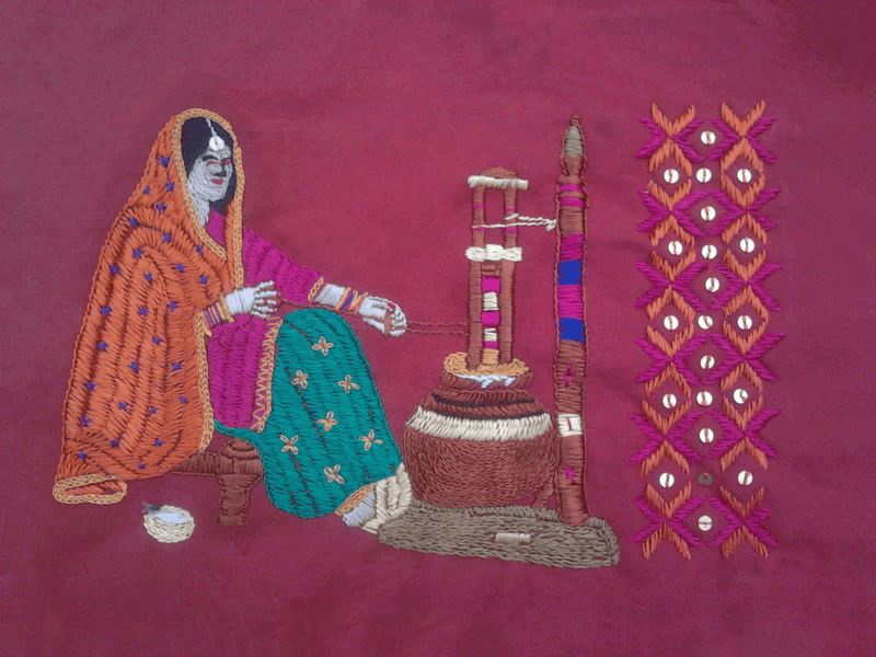 Buy Woman Churning Milk in Phulkari by Harjeet Kaur
