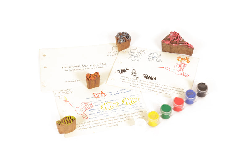 POTLI Handmade Wooden Block Print DIY Craft Kit - Panchtantra Story Book - Crane And Crab ( 5 Years +)