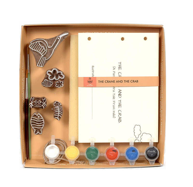 POTLI Handmade Wooden Block Print DIY Craft Kit - Panchtantra Story Book - Crane And Crab ( 5 Years +)