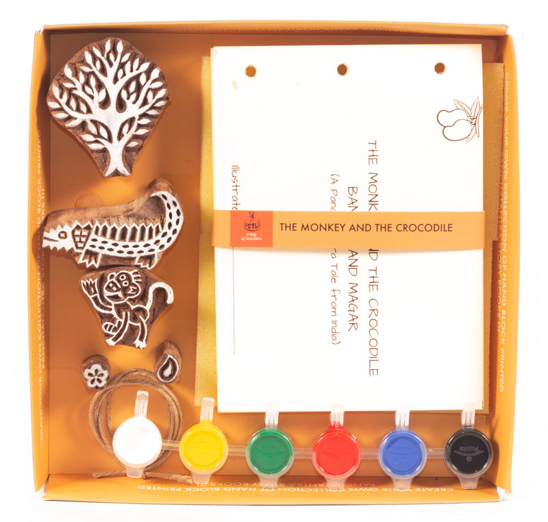 POTLI Handmade Wooden Block Print DIY Craft Kit - Panchtantra Story Book -Crocodile and The Monkey ( 5 Years +)