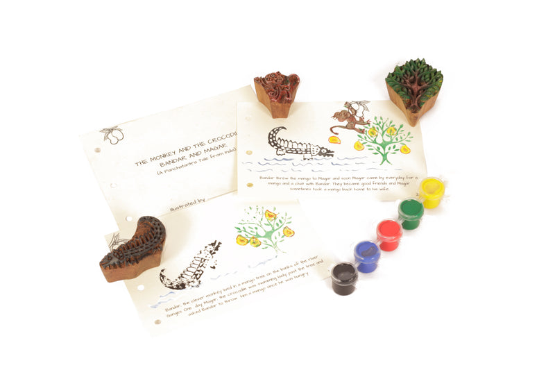 POTLI Handmade Wooden Block Print DIY Craft Kit - Panchtantra Story Book -Crocodile and The Monkey ( 5 Years +)