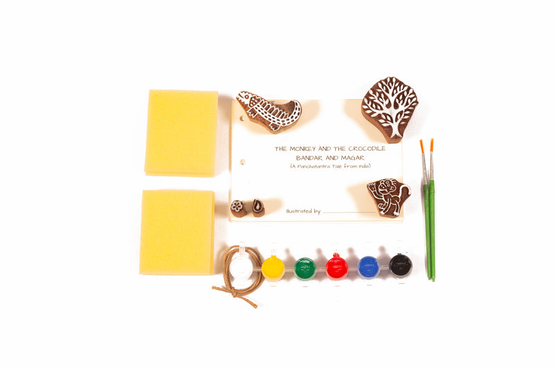POTLI Handmade Wooden Block Print DIY Craft Kit - Panchtantra Story Book -Crocodile and The Monkey ( 5 Years +)