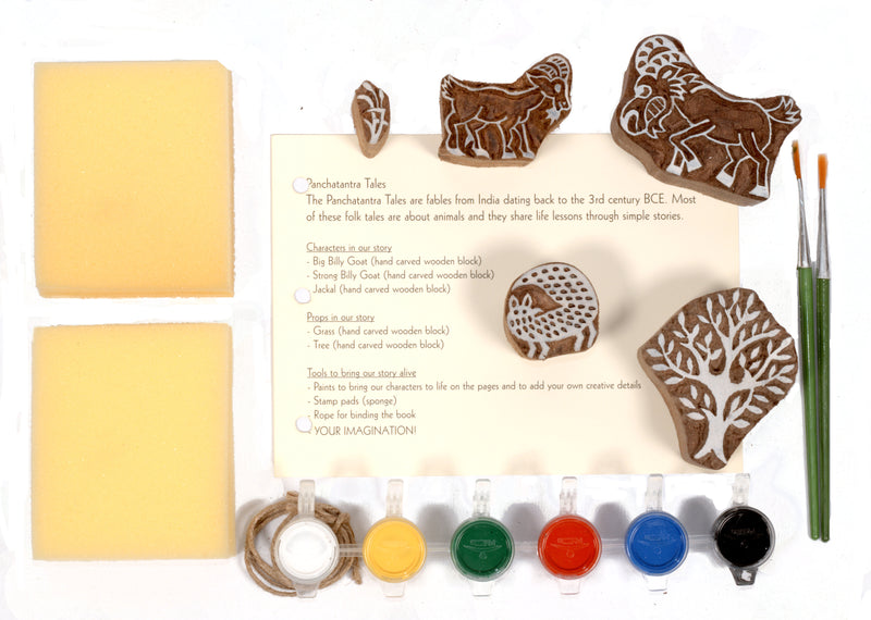 POTLI Handmade Wooden Block Print DIY Craft Kit - Panchtantra Story Book - Goats and The Jackal ( 5 Years +)