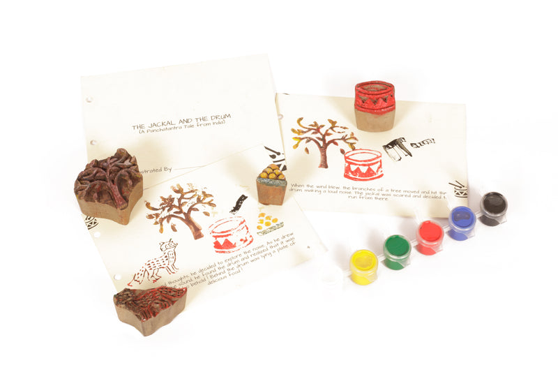 POTLI Handmade Wooden Block Print DIY Craft Kit - Panchtantra Story Book - Jackal and The Drum ( 5 Years +)