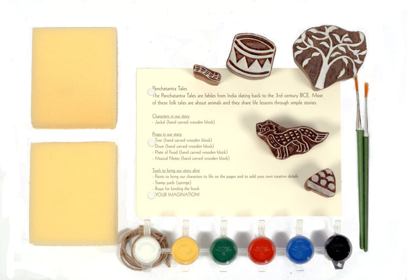 POTLI Handmade Wooden Block Print DIY Craft Kit - Panchtantra Story Book - Jackal and The Drum ( 5 Years +)