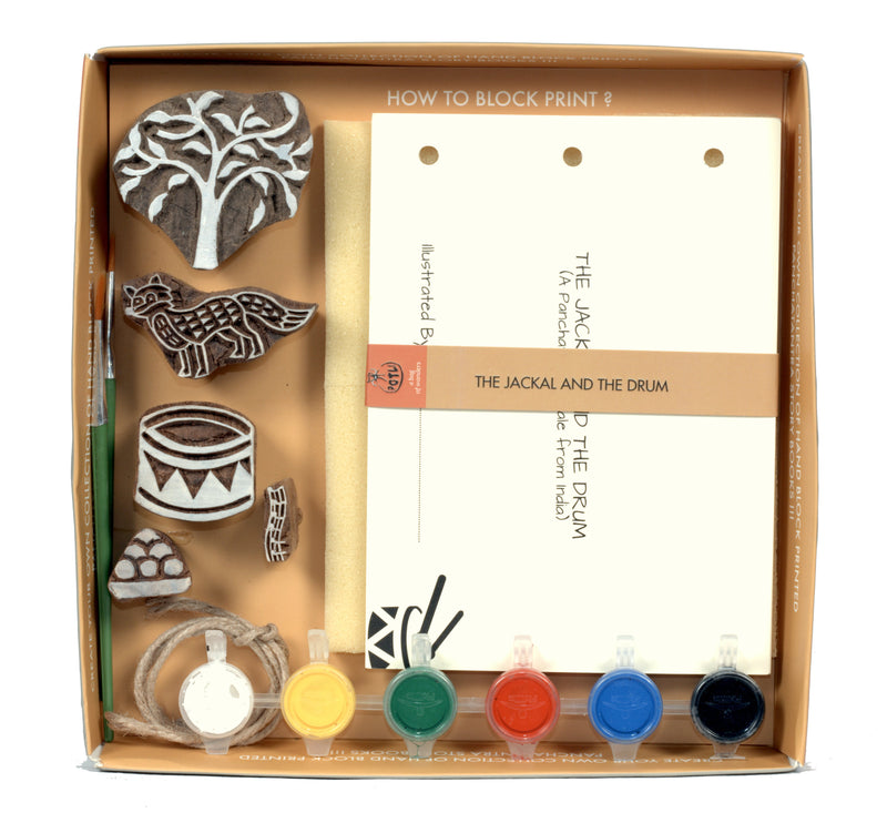 POTLI Handmade Wooden Block Print DIY Craft Kit - Panchtantra Story Book - Jackal and The Drum ( 5 Years +)