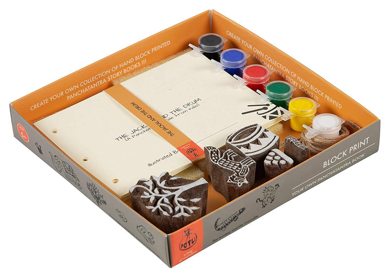 POTLI Handmade Wooden Block Print DIY Craft Kit - Panchtantra Story Book - Jackal and The Drum ( 5 Years +)