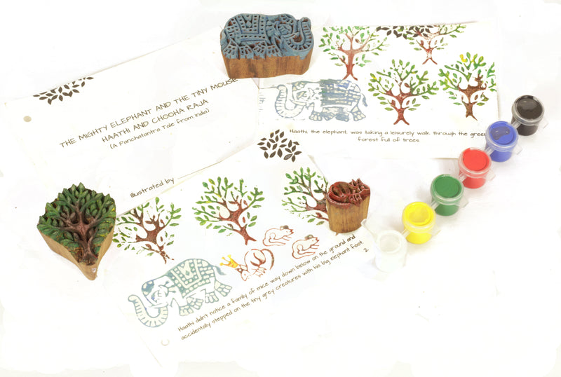 POTLI Handmade Wooden Block Print DIY Craft Kit - Panchtantra Story Book -Mighty Elephant and the Mouse ( 5 Years +)