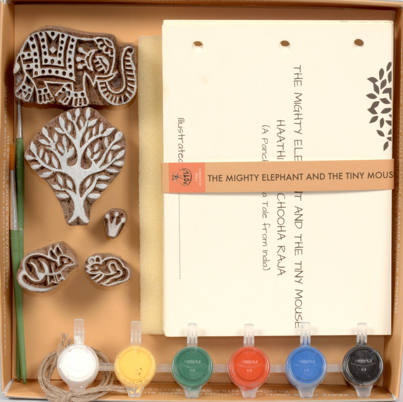 POTLI Handmade Wooden Block Print DIY Craft Kit - Panchtantra Story Book -Mighty Elephant and the Mouse ( 5 Years +)