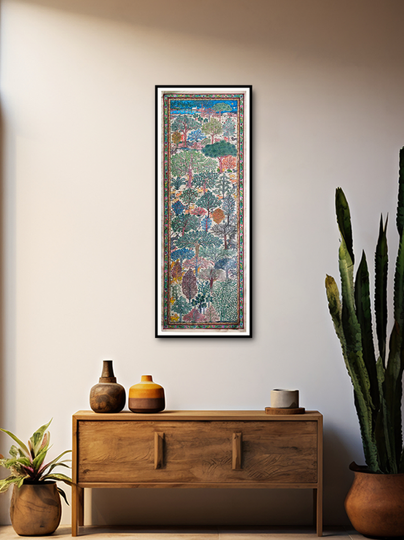 Enchanted Symphony: A Vibrant Pattachitra Tapestry of Forest Harmony Pattachitra painting by Purusottam Swain