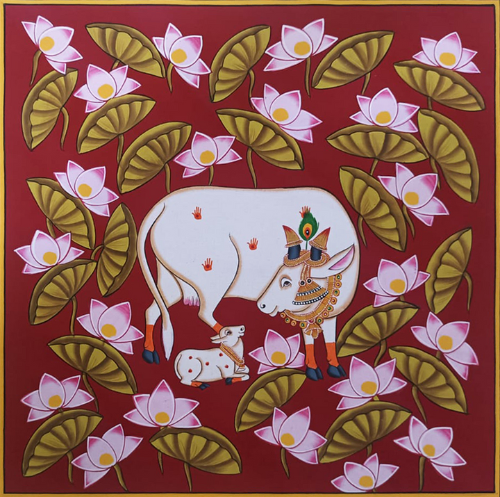 The Motherhood in Lotus Reverie: Kamdhenu and Calf in Pichwai by Dinesh Soni Thumbnail