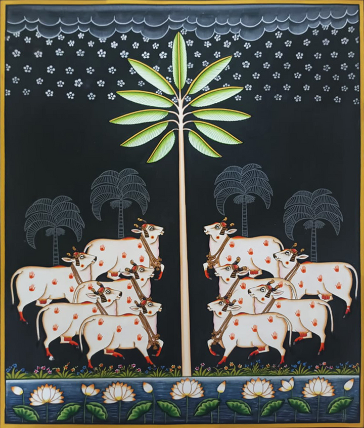 Ashwatha Tree and Cows: Pichwai Artwork by Dinesh Soni Thumbnail
