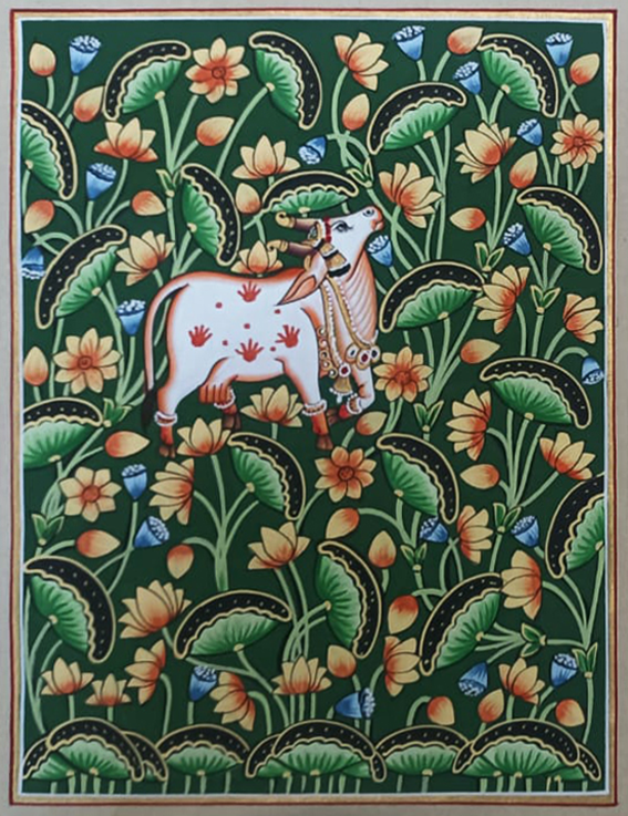 Kamadhenu with Kamal Talai : Pichwai Artwork by Dinesh Soni Thumbnail