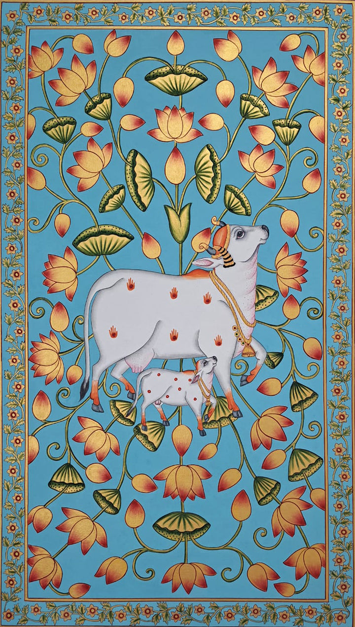 The Pastoral Harmony: Kamdhenu and Calf in Pichwai by Shehzaad Ali Sherani Thumbnail