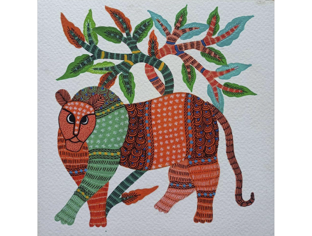 Patterns of Majesty : Tiger in Gond artwork by Kailash Pradhan Thumbnail