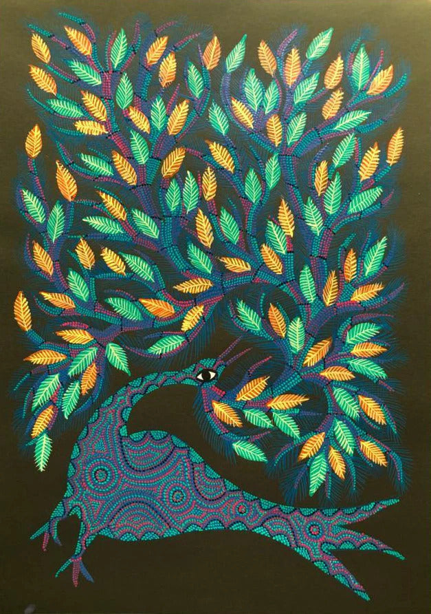 Peacock amidst a Woodland Bhil Painting by Geeta Bariya Thumbnail