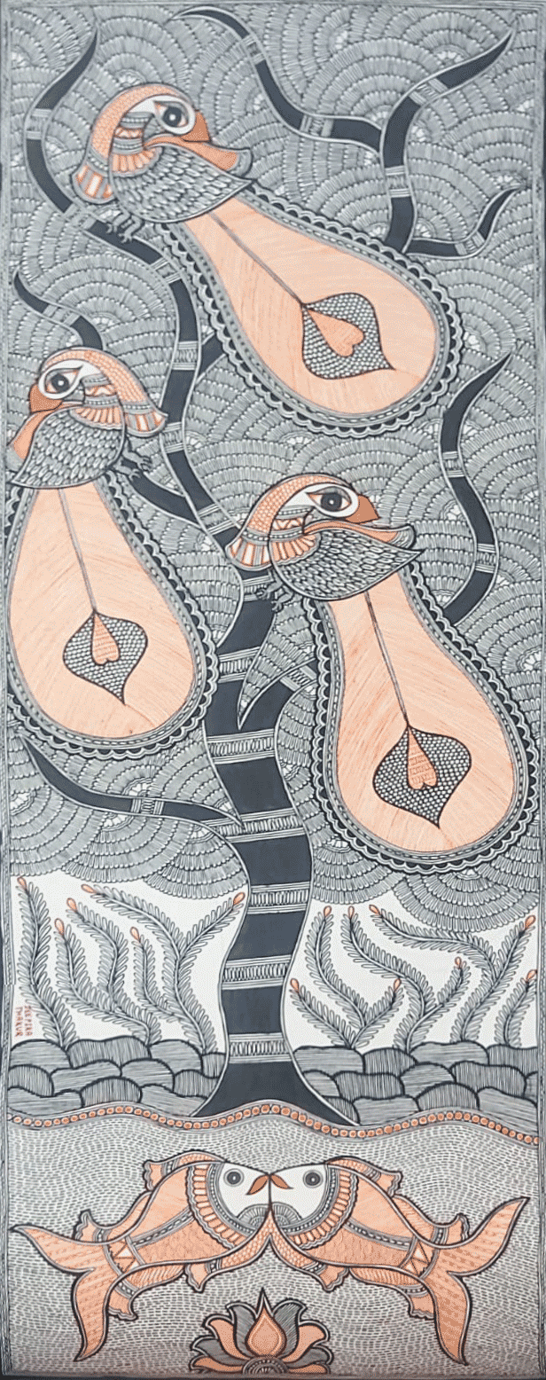 Peacock and Fish in Madhubani by Priti Karn Thumbnail