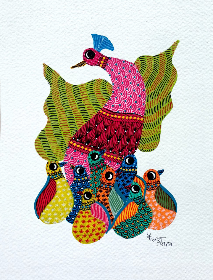 The Mother’s Abode: Peacock and Fledglings in Gond by Kailash Pradhan Thumbnail
