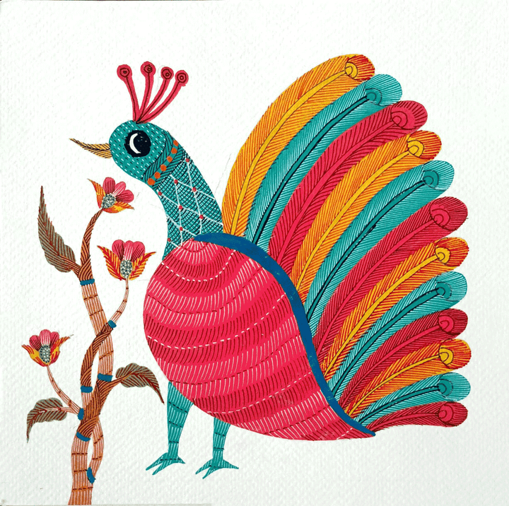 Feathers of Delight: Peacock in Gond by Kailash Pradhan Thumbnail