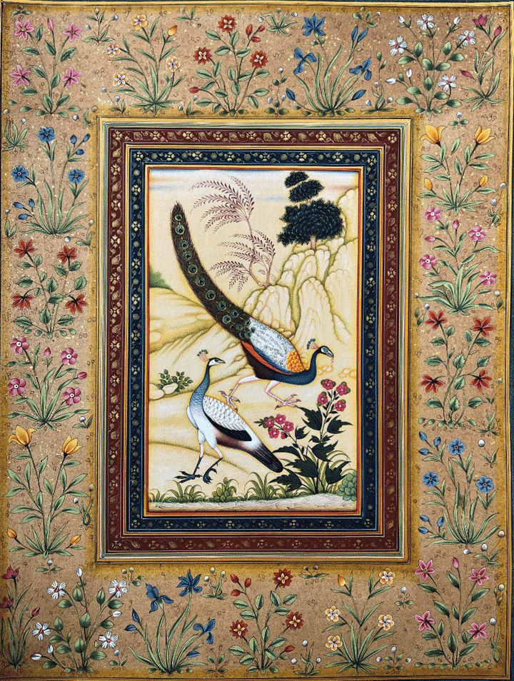 Peacock pair amid landscape in Mughal miniature by Mohan Prajapati Thumbnail