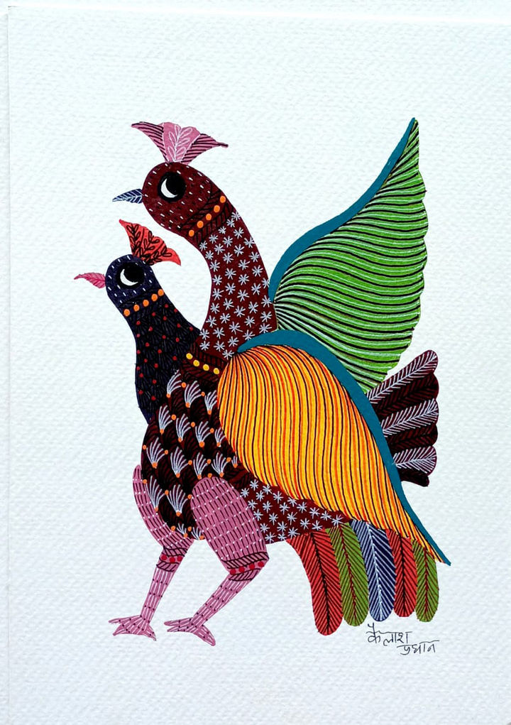 Nature's Beauty: The Vibrant Peacocks in Gond by Kailash Pradhan Thumbnail