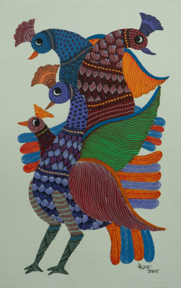 Peacocks in Gond by Kailash Pradhan Thumbnail