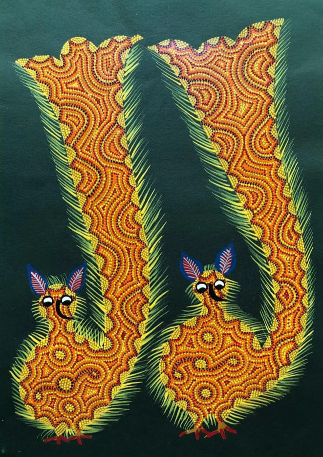 Peacocks in Greens Bhil Painting by Geeta Bariya Thumbnail