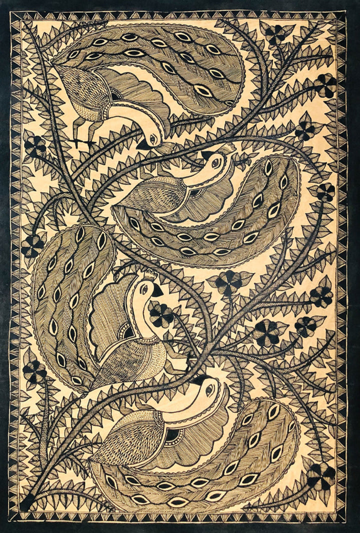 Peacocks in Monochrome, Madhubani by Ambika devi Thumbnail