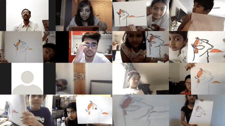 students with there artworks in online workshop
